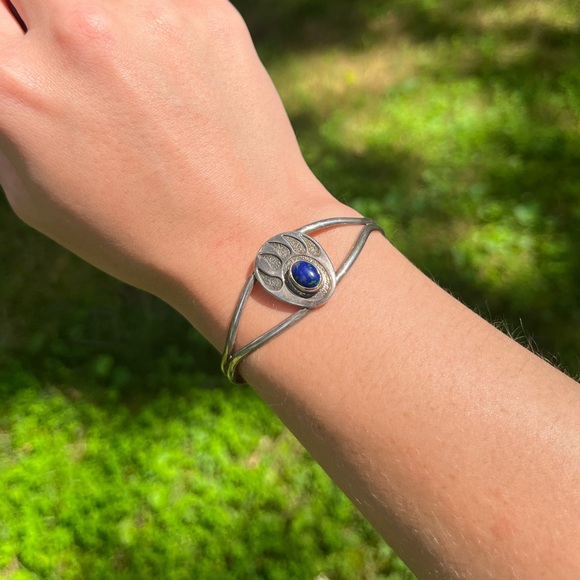 Vintage Sterling Silver Navajo Azurite Bear Paw Cuff Bracelet - Picture 9 of 16